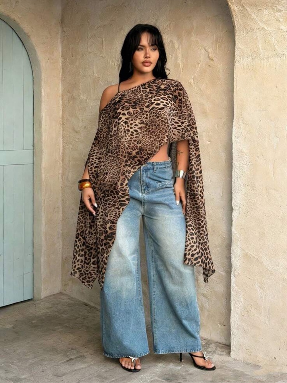 Rustia Plus Size Women's Fashionable Elegant Leopard Print Asymmetrical Top